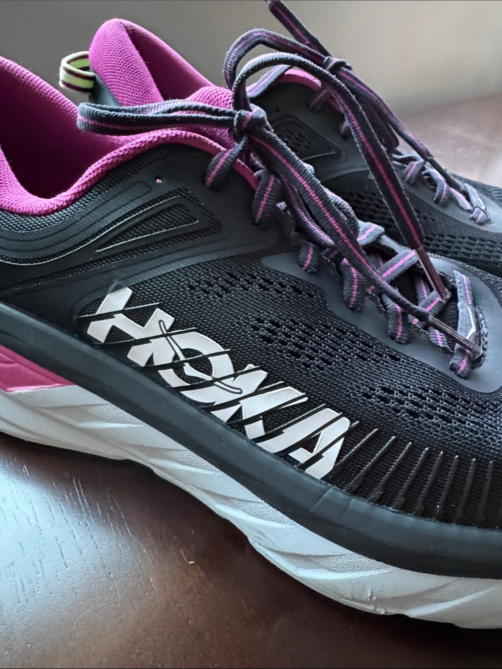 Hoka Women's Bondi 7 Black with Pink & White Cushioned Running Walking Shoes - Picture 2 of 10